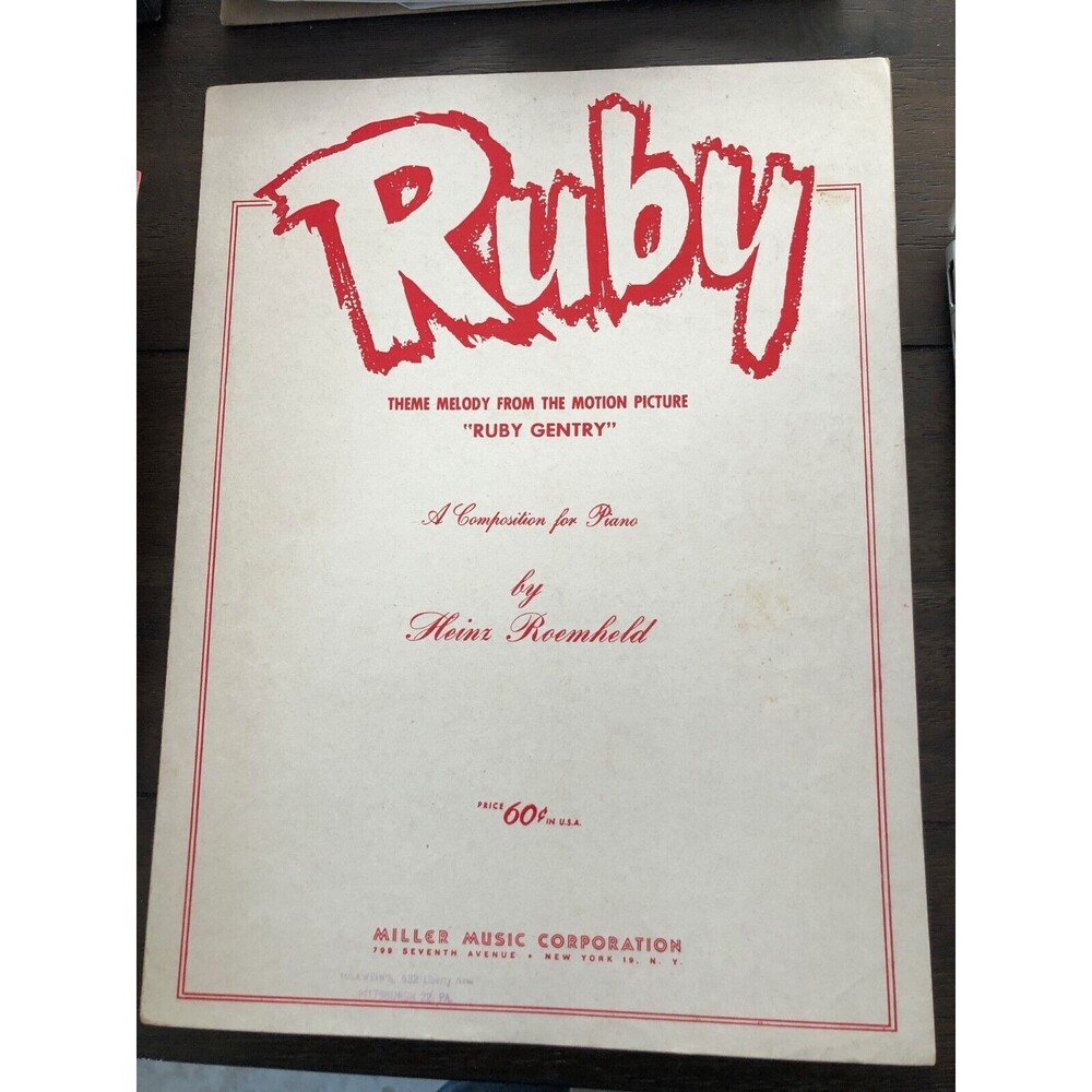 RUBY GENTRY‎ 1953 JENNIFER JONES Oddball Variant Sheet Music